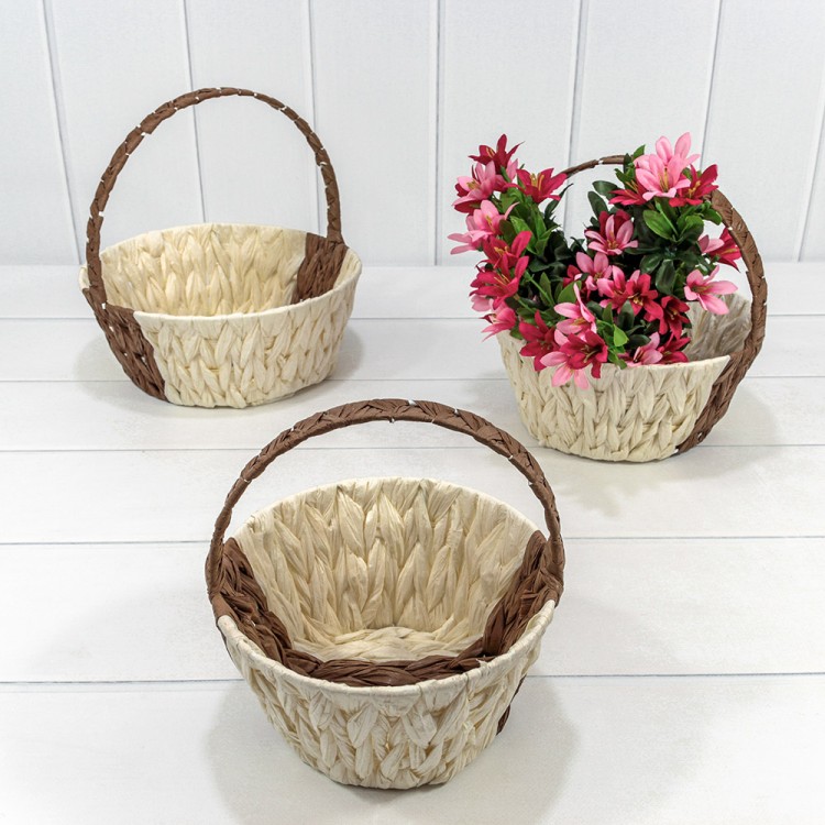 Корзины плетёные Круглые Набор 1/3 25*10/25 (±5%) из бумаги с ручкой Бежевый/Коричневый 1/20 Арт: 420194/230