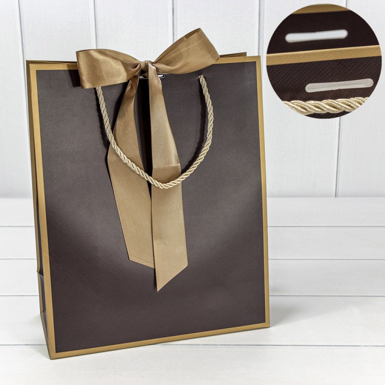 Пакет подарочный с лентой 26*32*12 210г Коричневый 1/10 1/120 Арт: 000503C/2