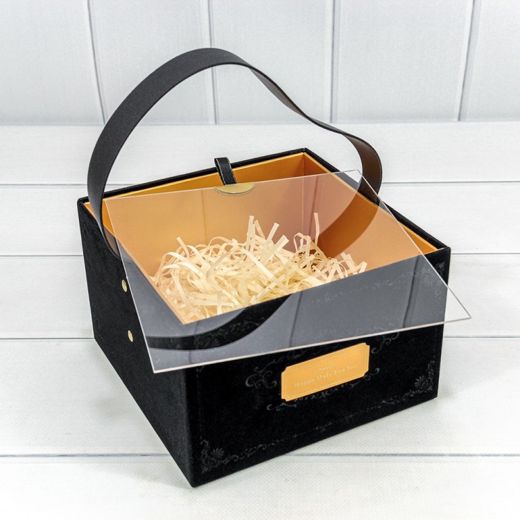 Коробка Квадратная 19*19*12 бархатная с ручкой и прозрачной крышкой Чёрный 1/24 Арт: 721811/1