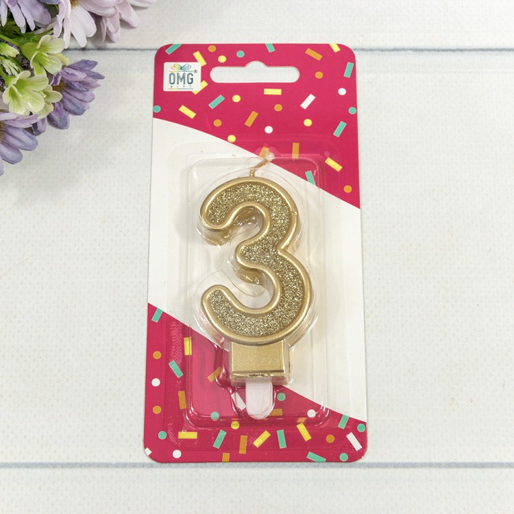 Свеча для торта Цифра 3 с блёстками 7см Золотой 1/12 1/120 Арт: 20010-81/3